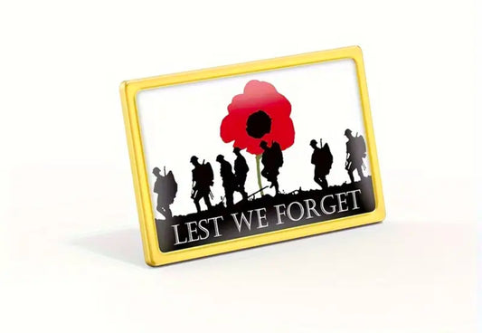 Remembrance - Label Badges - Lest We Forget. Silhouette With Poppy Image