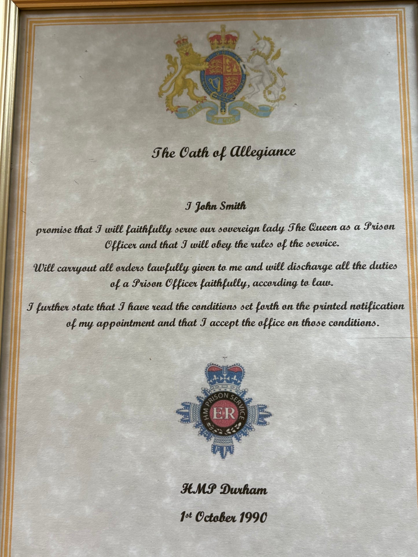 HM Prison Service Oath of Allegiance Prison Officer Framed Personalised Gift