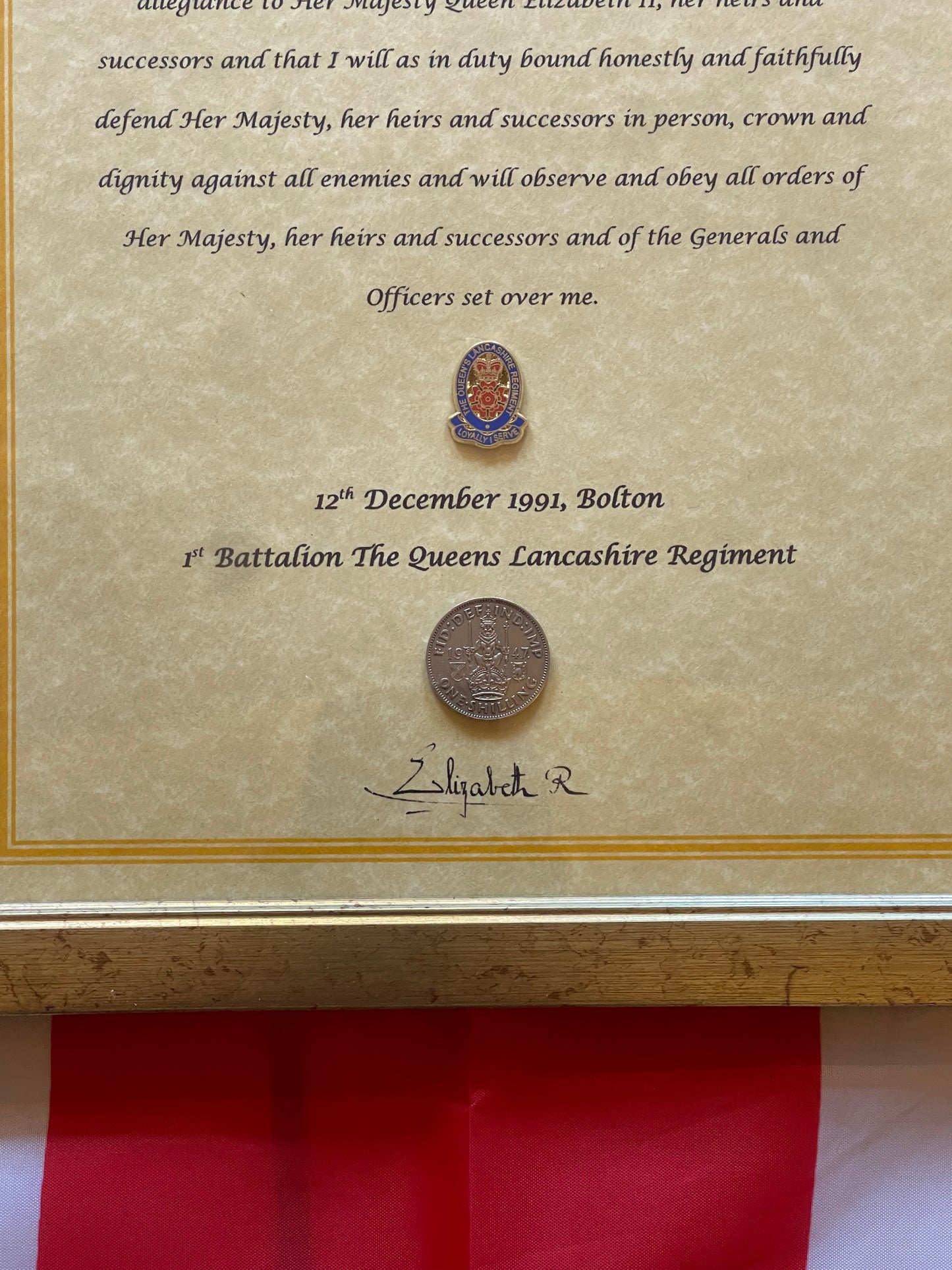 Oath of Allegiance framed with badge & shilling