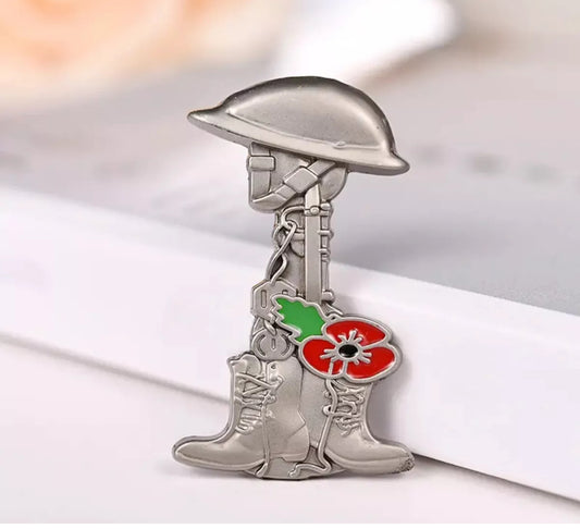 Remembrance Poppy Military Helmet Rifle Boots Lapel Pin Badge UK Stock