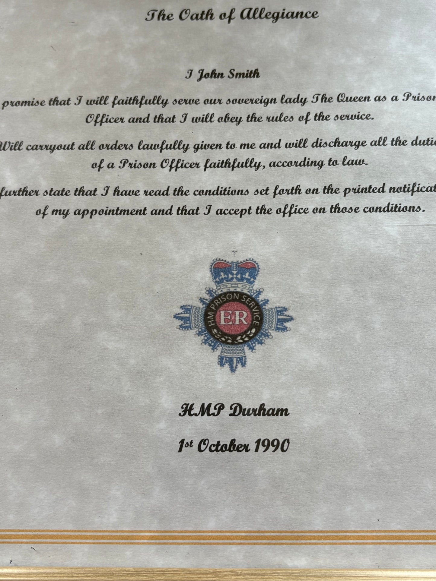HM Prison Service Oath of Allegiance Prison Officer Framed Personalised Gift