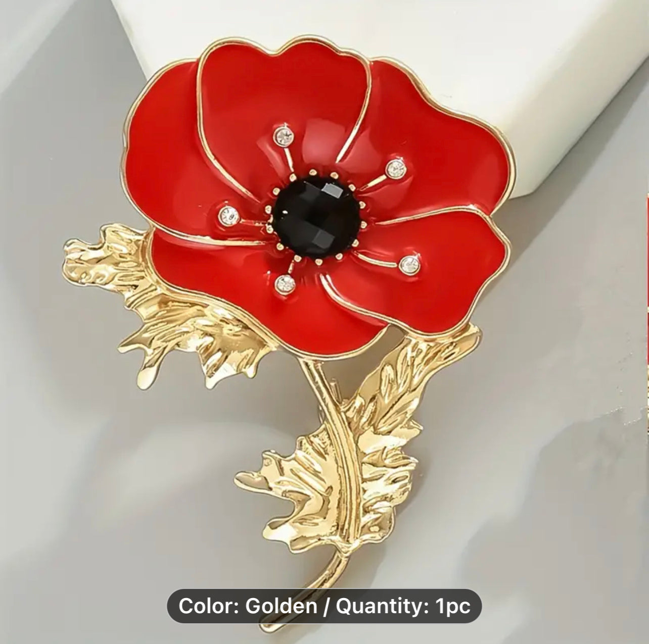 Stylish Rhinestone Poppy Remembrance Brooch.