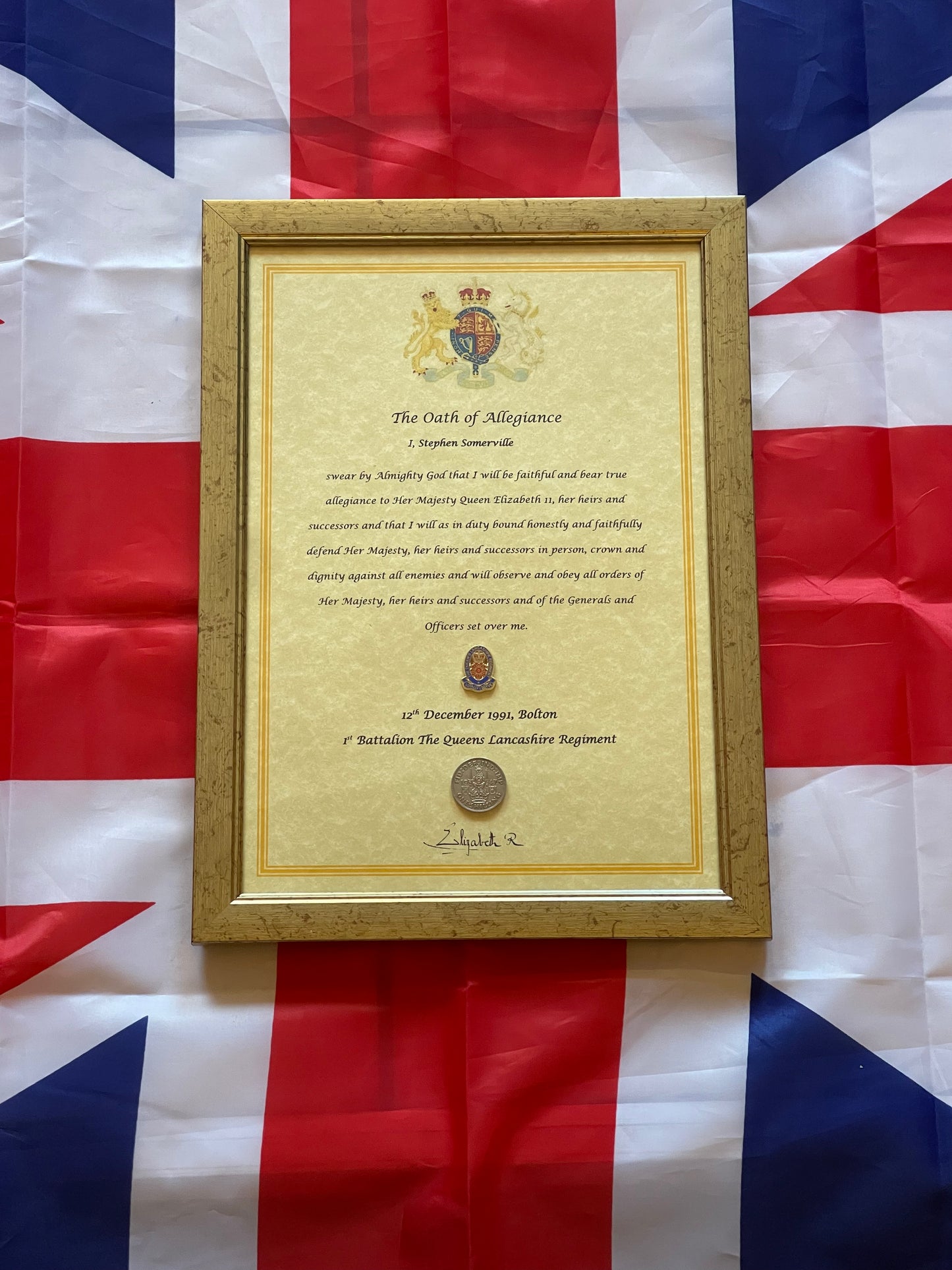 Oath of Allegiance framed with badge & shilling